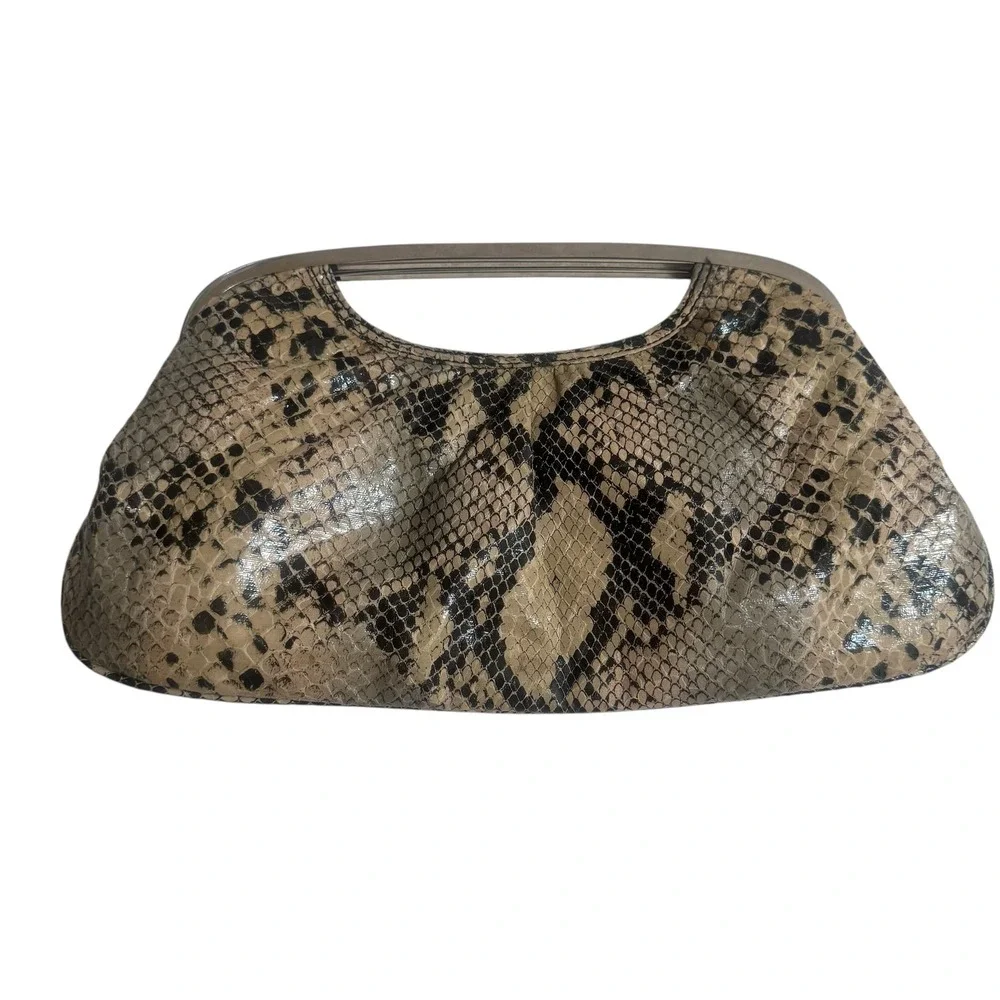 Express Snakeskin Print Clutch Bag Metal Frame Handle Neutral Animal Print Purse